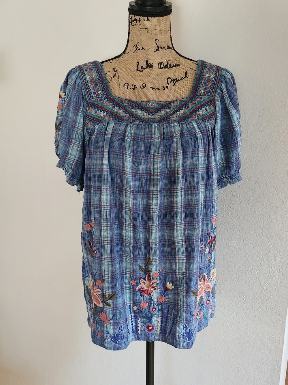 Johnny Was Aimee Blue Plaid Square Neck Embroidered Peasant Top Sz S